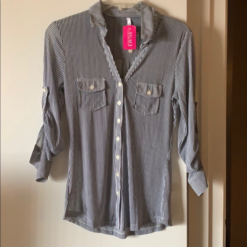 Agaci blue and white button down blouse
